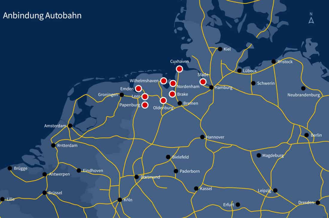 Map of German Seaports of Niedersachsen.