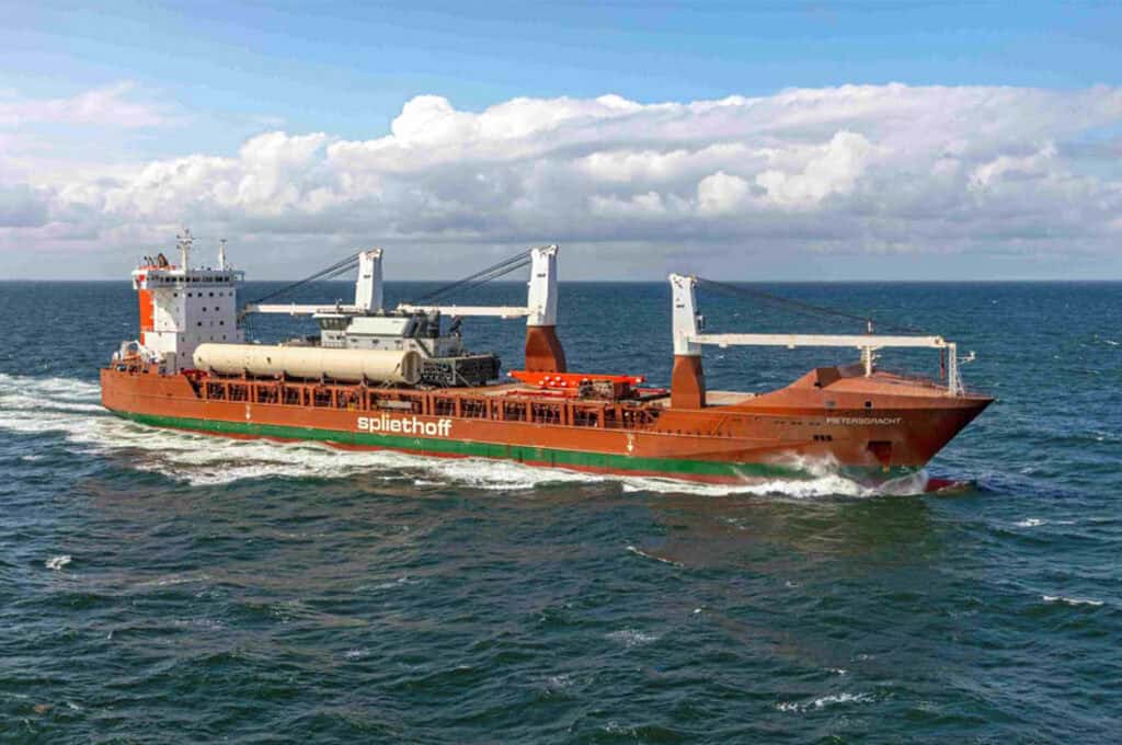 Container ship on the seaway, side profile.